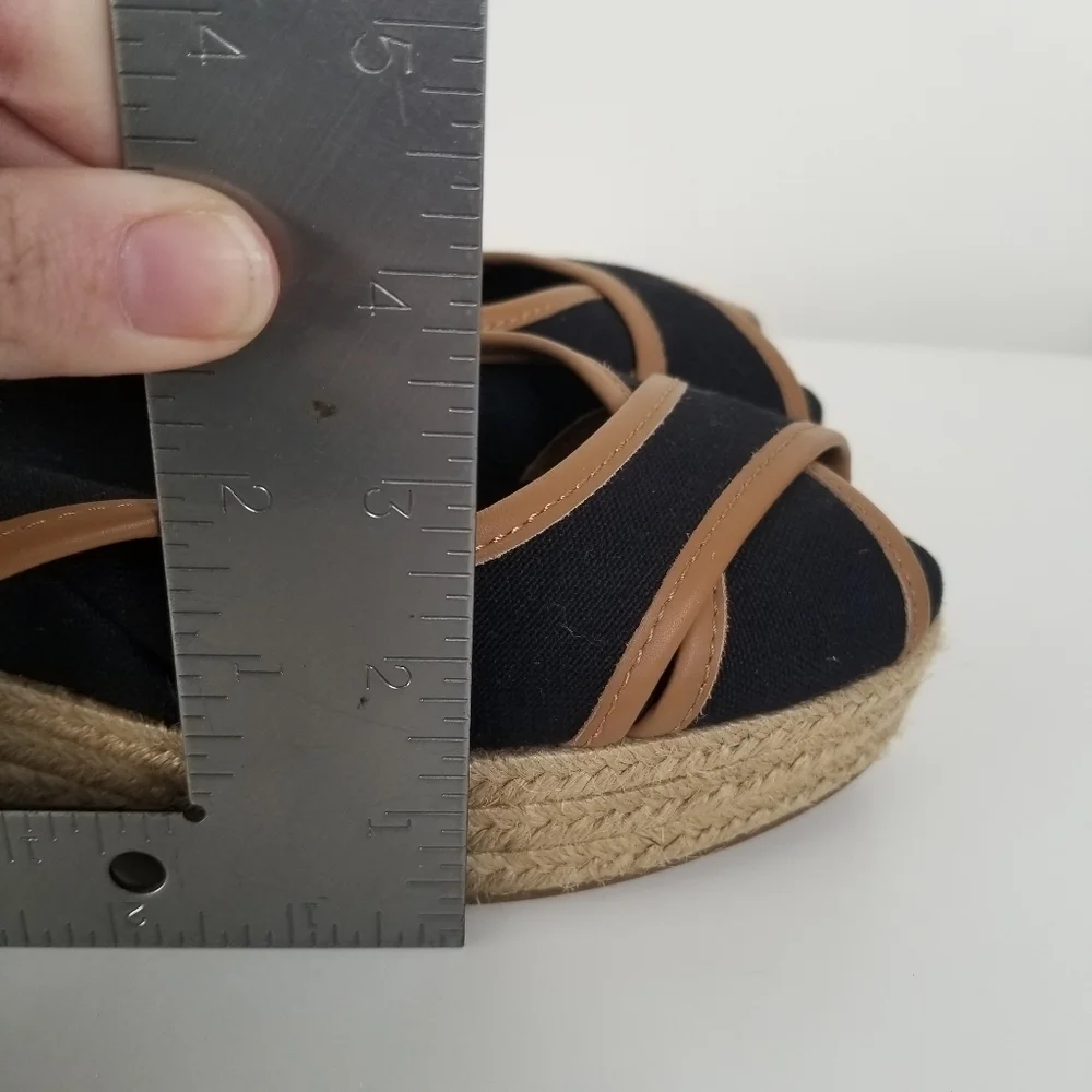 Tory Burch Majorca Peep Toe Sling Back Espadrille Wedges Size 9.5 Black/Tan